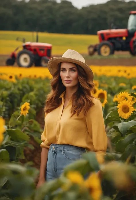 Postêr Pixar, de uma mulher adulta, cabelo amarelo, medium hair, olhos cor de mel, roupa caipira, comemorando, In a plantation with tractors and harvester in the background.