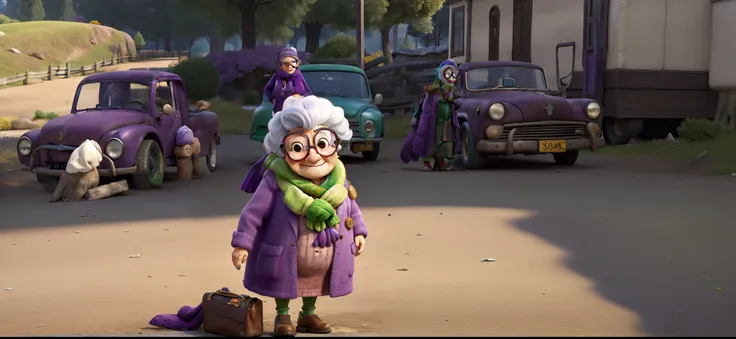 masterpiece, best quality, an old woman with glasses and a scarf on, wearing a purple coat and green scarf, standing at the park