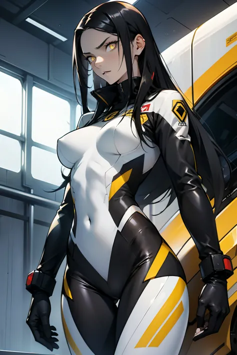 1 girl, black hair, yellow eyes, very long hair, pale skin, fit body, slender body, slim waist, large breasts, (confident expression), pilot suit, thigh gap, bare thighs,