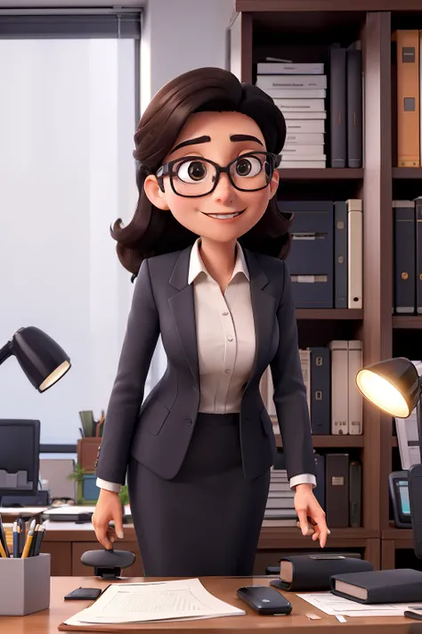 lawyer in the office, I wear glasses, cabelos medios escuros, olhos escuros, casaco preto, computador,