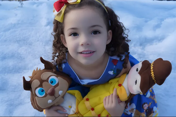 Arafed girl holding two stuffed animals in the snow, foto comercial do brinquedo, goodlooking, A Bela e a Fera, Anna, a mulher segura mais brinquedos, personagem disney, LiAnna, com rostos totalmente detalhados, foto de retrato, foto de retrato detalhada, ...