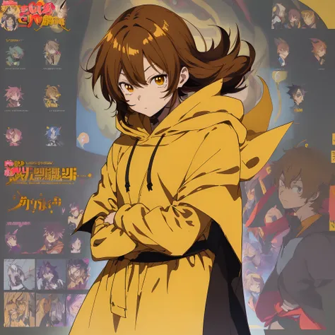 a close up of a person wearing a yellow cape and a brown hoodie, wearing a brown cape, anime character reference sheet, best anime character design, as an anime character, anime character design, anime moe artstyle, male anime character, anime style charac...