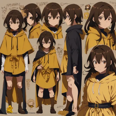 a close up of a person wearing a yellow cape and a brown hoodie, wearing a brown cape, anime character reference sheet, best anime character design, as an anime character, anime character design, anime moe artstyle, male anime character, anime style charac...