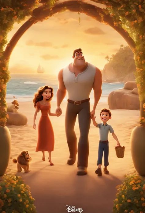 a Disney Pixar movie poster showing a white-skinned family. The father is the tallest, Tem barba curta, loiro, cabelos curtos e espinhosos. The mother has brown eyes and hair, shoulder-length and is slightly overweight. A menina tem 4 anos e cabelos castan...