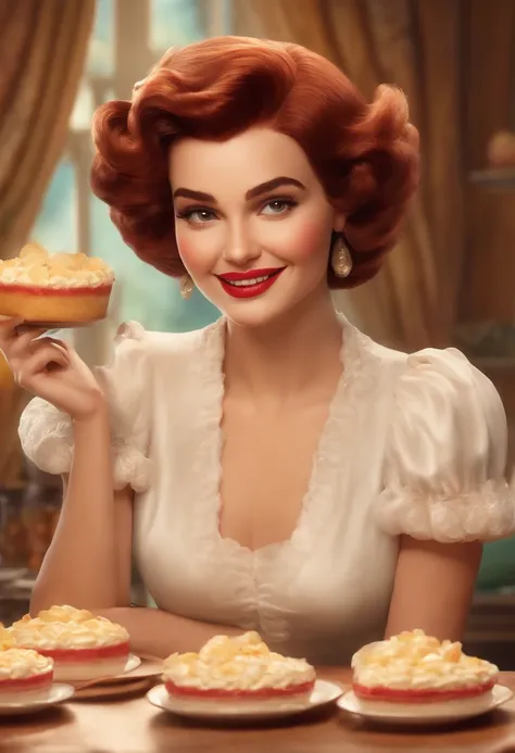 uma menina confeitando um bolo com morangos Morena cabelo liso  Chanel sorridente Cartoon,short hair,  semente de rosto redondo:2164122919 Disney, bolo morango