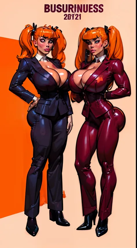 ((masterpiece)),(((best quality))), ((character design sheet:1.4)), ((full body view)) illustration,1girl, muscular, ((burgundy business suit:1.4)), blossom, ((hair bangs)), ((orange hair:1.4)), burgundy suit ((detailed face:1.4)) ((gigantic breasts:1.6)),...