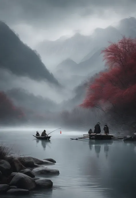 Thousands of mountains extinct bamboo raft old man fishing on bamboo raft ice and snow weather extreme cold gloomy weather best quality, Ultra-high resolution, 4K detailed ink flowers, Chinese painting style