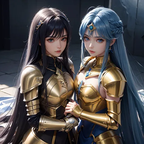 Obra prima melhor qualidade, cavaleiro bonito olhos azuis, cabelo comprido azul, usando armadura de ouro, Knight is Saint Seiyas Twins Saga, Wearing Gemini Gold Armor, extremamente detalhado, 8k, ultra realista