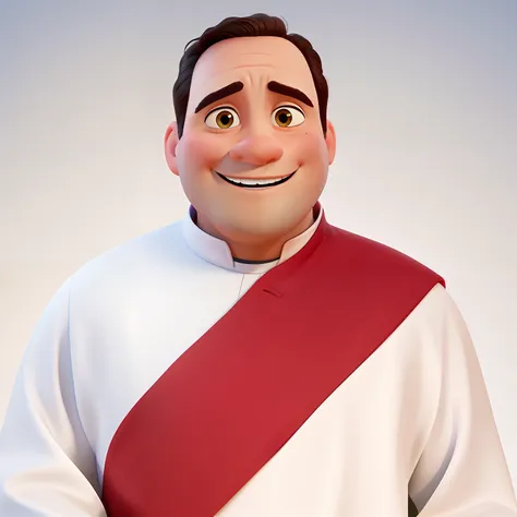 A permanent deacon of the Catholic Church, in Disney pixar cartoon style with a church in the background in a scene of joy and peace