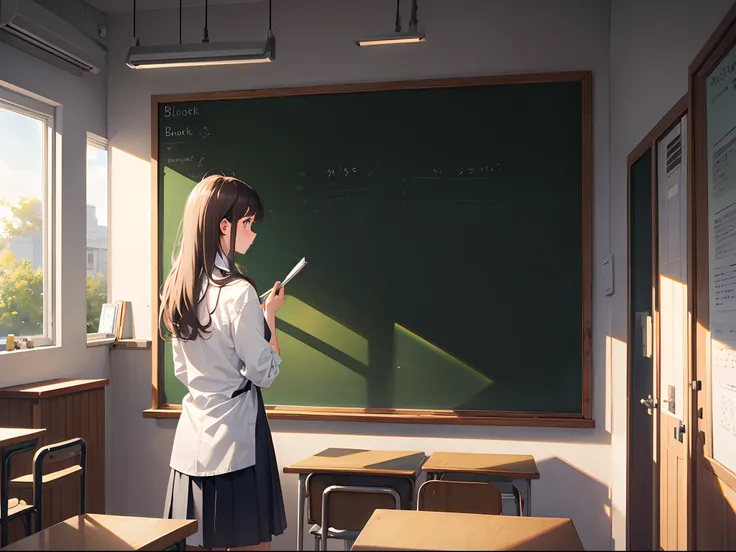 Natural light，Chalk dust in the air,（Teacher standing in front of the blackboard, Holding a book, Writing intently on the blackboard），（Back back back back