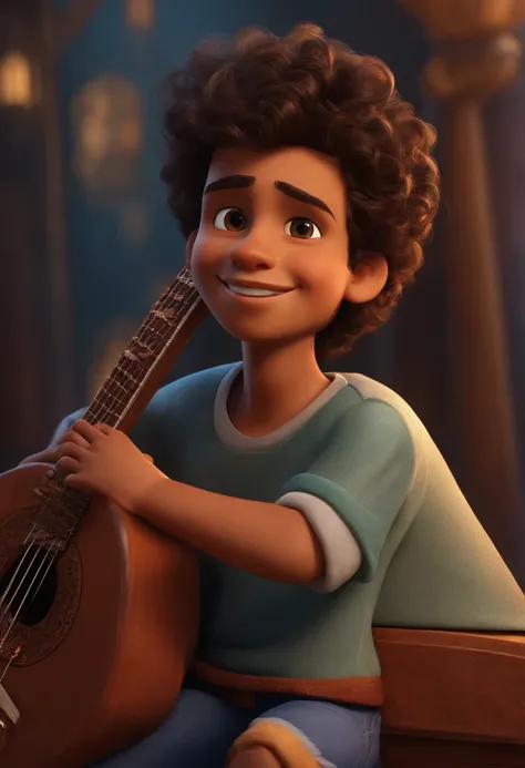 crie um banner no estilo Pixar. A boy with Indian features, moreno pardo com cabelos curtos, Castanhos escuros, Curly and slightly grayish appearance, mas jovem, usando uma camiseta, Wearing jeans and holding a classical guitar with 7 strings.