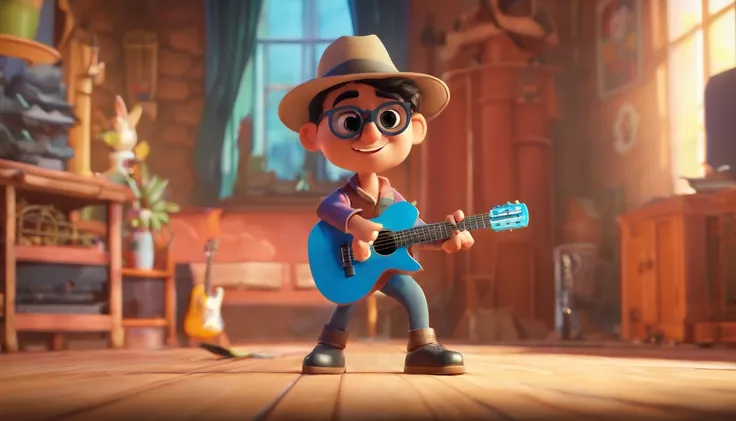 Crie um cartaz inspirado na Disney Pixar com o personagem sendo , A black-haired man wearing sunglasses on a stage with a guitar on, Hands