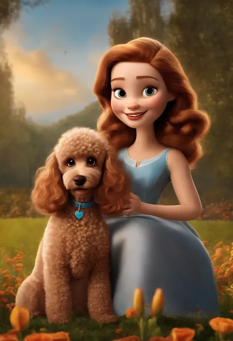 Create a poster inspired by Disney Pixar movies, apresentando um casal acompanhado por uma menina de altura mediana com cabelos castanhos escuros, Full lips and dark eyes and silly face together with brown poodle puppy girl, cachorrinho de pele bem cuidada...