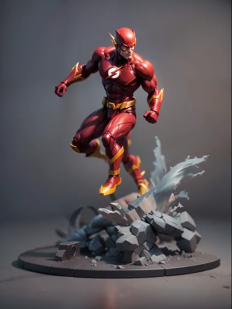 Flash dc comic hero, intense fight scene,  3D model figure, toy , gray background, studio soft lights, 3d moon figure, 3D toys model, best quality, ultra detailed, masterpiece collection