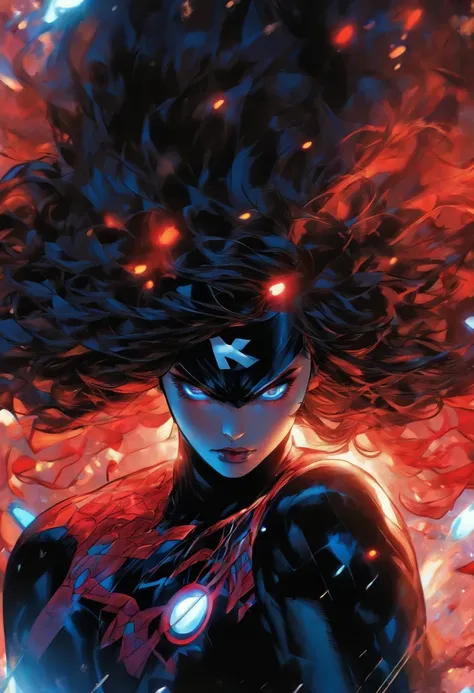 Marvel Conical Panel, Adolescente, fair pale skin, olhos azuis , cabelo preto na altura dos ombros, long eyeslashes, Black and red superhero costume, delineador, red-lips, cabelos pretos