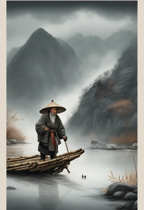 Thousands of mountains extinct bamboo raft old man dressed in a bamboo raft fishing ice and snow weather extreme cold gloomy weather best quality, Ultra-high resolution, 4K detailed ink flowers, Chinese painting style