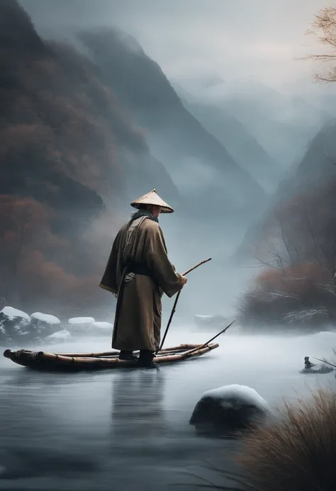 Thousands of mountains extinct bamboo raft old man dressed in a bamboo raft fishing ice and snow weather extreme cold gloomy weather best quality, Ultra-high resolution, 4K detailed ink flowers, Chinese painting style