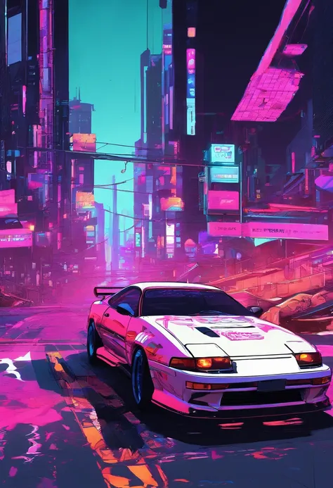 A toyota supra mk2, (cyberpunk city), road background, detail of the above image, in full detail,