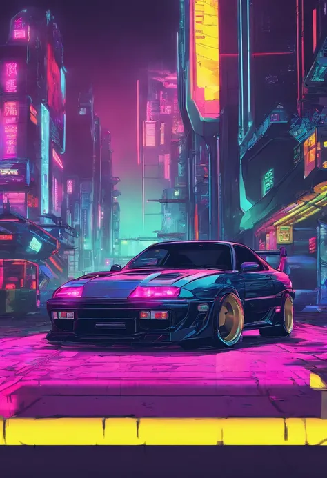 A toyota supra mk2, (cyberpunk city), road background, detail of the above image, in full detail,