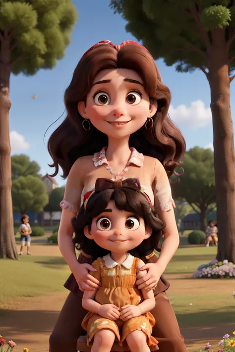 Mulher branca de 30 anos, medium black hair, olhos castanhos com duas meninas. A 5-year-old with long brown hair with a bow on her head and a 6-month-old brown-haired baby on womans lap in a park full of flowers