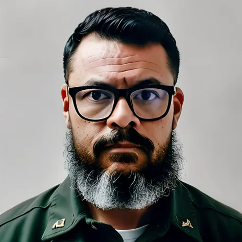 create a detailed and realistic front-facing portrait, capturing the shoulders and head of a man with glasses, a lumberjack bear...