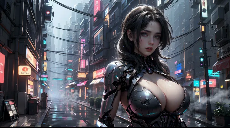 1girll,Solo, gigantic cleavage breasts, (Shiny black hair),Half-human, half machine， (cleavage), Slim and sexy body, hyper HD, 8K，dramatics，（Mid-range portrait），The city of the future，street corner，the night，Sateen，volume fog，steamy