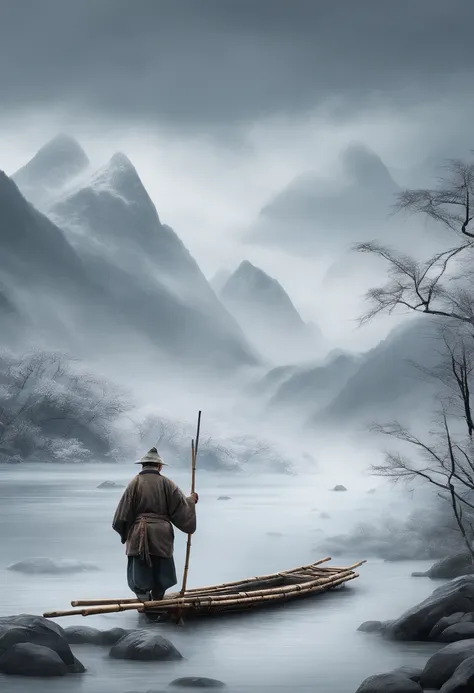 Thousands of Mountains Extinct Bamboo Raft Prospect Old Man Wearing a Bamboo Raft Fishing Ice and Snow Weather Extremely Cold Gloomy Weather Best Quality, Ultra-high resolution, 4K detailed ink flowers, Chinese painting style