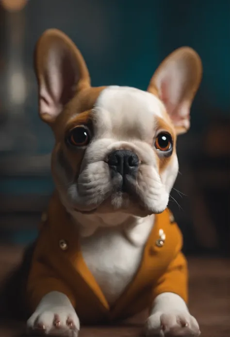 a white and caramel 3-year-old French Bulldog character in the style of the Aardman studio