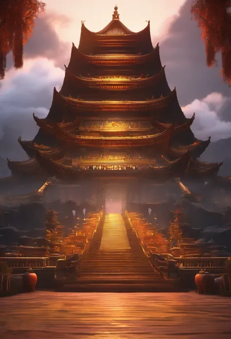 China antiga, templo, (mysterious black fog), Viagem ao Oeste, juiz, mayor, telhas esmaltadas, Buddha statues, Lanternas, Absurdidade, realistic lighting, (abismo) master part, alta qualidade, exquisite graphics, High detail, submarino, Water Prison, macho...