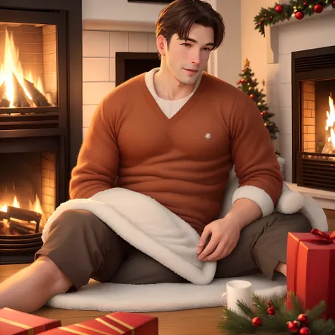 man on bear skin rug in front of fireplace at Christmas, drinking hot chocolate