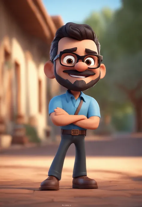 Cartoon character of a man with black glasses, short black and slightly gray hair and a blue shirt, beard also black and a little gray, Thin face and smile on face animation character, Caractere estilizado, animation style rendering, 3D estilizado, Arnold ...