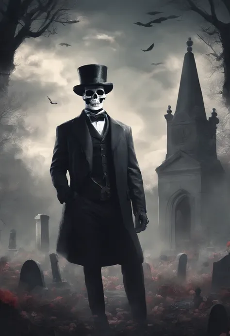 Man with skull face in cemetery with top hat and in suit