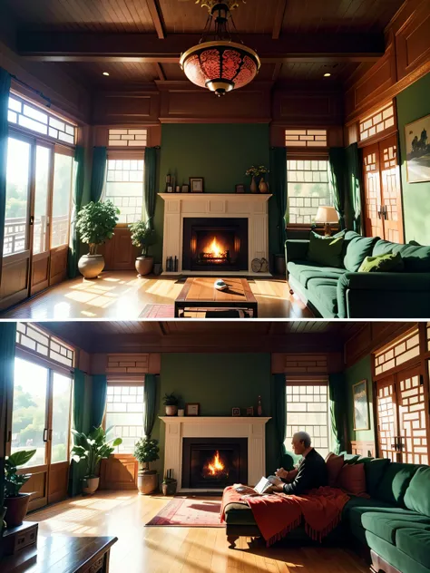 New Chinese style living room， There was a fireplace，The fireplace is facing the sofa：1.5，The fireplace shows a frontal view，Interior design details，Interior lighting，There is sunlight coming in，green plant，The old man sat sideways on the sofa reading the ...