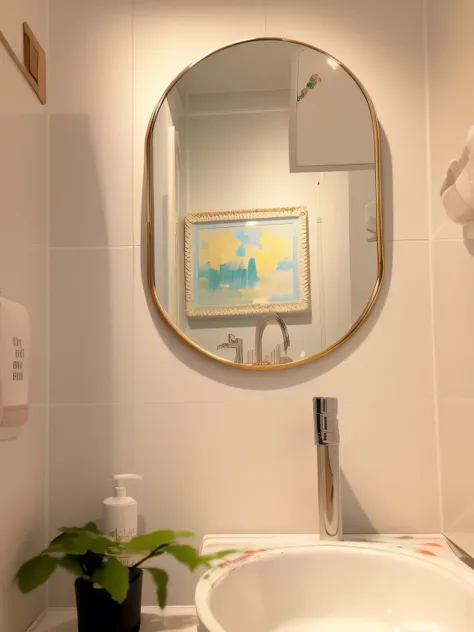 Theres a picture of a bathroom with a mirror above the sink, no banheiro, espelho redondo na parede, mirror and glass surfaces, com um espelho, Beautiful image, em um banheiro, Directed by: Nandor Soldier, dentro de uma moldura em uma parede de azulejos, v...