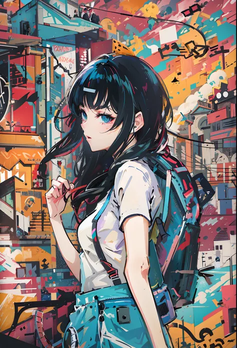 fille d’anime avec un sac à dos marchant devant un mur de graffitis, Style anime 4 K, Anime Art Fond d’écran 4K, Anime Art Fond d’écran 4K, Anime Art Fond d’écran 8K, Illustration de style anime, Art numérique de style anime, Style anime. 8k, Illustration ...