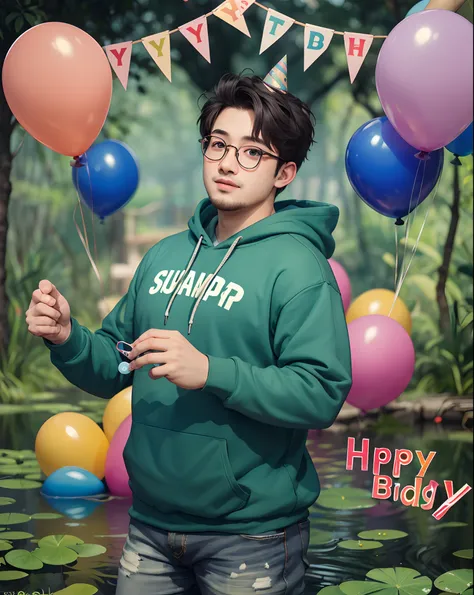 1boy, apocalyps fat boy with spectacles in hoody celebrate birthday party, super detail and vibrant colors, cake and candles sup...