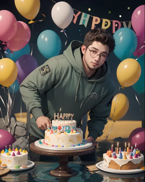 1boy, (apocalypse:1.2) fat boy with spectacles in hoody celebrate birthday party, super detail and vibrant colors, cake and cand...