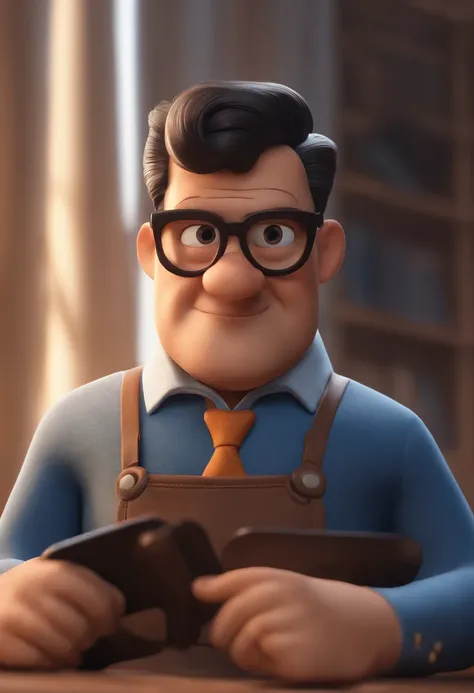 personagem dos desenhos animados de um homem moreno, with black eyeglasses, cabelo bem curtinho e uma camisa azul, animation character, Caractere estilizado, animation style rendering, 3D estilizado, Arnold Maya render, 3 d render stylized, toon render key...