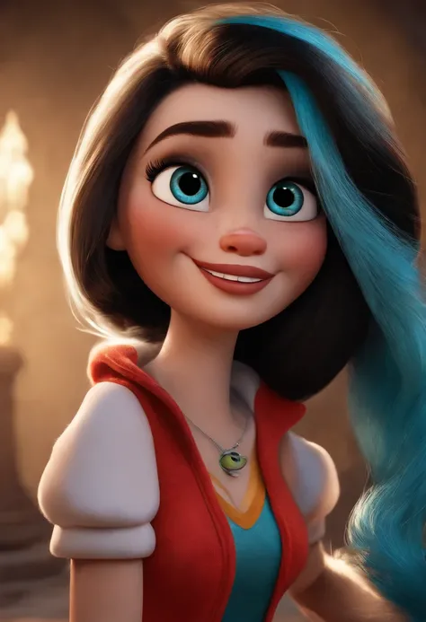 Imagem estilo Pixar com personagem 3D touca de cirurgia branco mulher branca cabelo curto sentada com jaleco preto, Maquiagem Disney, bonitinha, sorridente ,Close-up, Pixar, Disney, Cinema lighting,