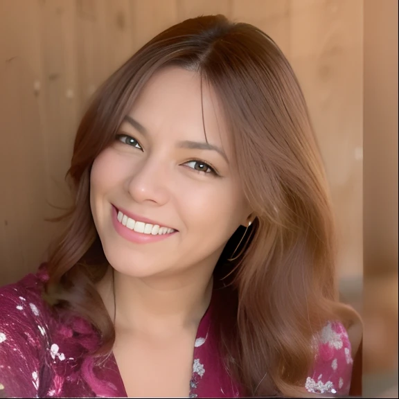 woman with long brown hair smiling at camera in front of wall, alanis guillen, magda torres gurza, magalie villeneuve, lorena avarez, fernanda suarez, meg kimura, ann takamaki, julia fuentes, taken in the early 2020s, roxie vizcarra, niele toroni, profile ...