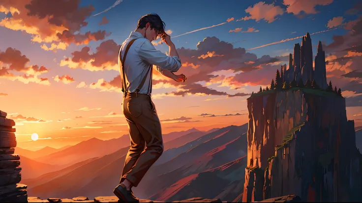 the sunset，eventide，Big Mountain，Medium short hair，Suspenders，two hand（Three-fingered chicken feet），Put your feet on the ground，Boy student，Iron Mountain Back，In front of the man is a cliff（45%Look up）