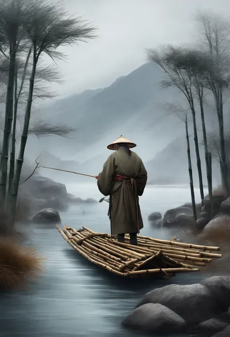 Desolate No people Thousands of mountains Extinct Bamboo Row Prospect Old Man Dressed in Bamboo Raft Fishing Ice and Snow Weather Extremely Cold Gloomy Weather Best Quality, Ultra-high resolution, 4K detailed ink flowers, Chinese painting style