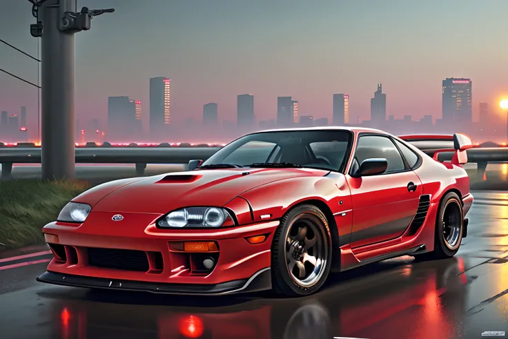 A toyota supra mk2, (cyberpunk city), road background, detail of the above image, in full detail,