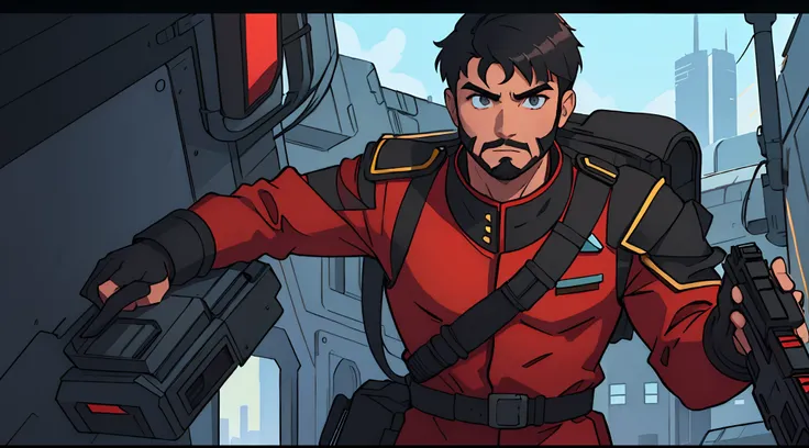 man. male future soldier with long black hair, short beard, red uniform. muscular man. futuristic soldier. sci-fi