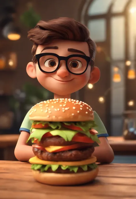 Cartoon character of a boy with black glasses, sorrindo, camisa preta, Holding a Hamburger Animation Character, Caractere estilizado, animation style rendering, 3D estilizado, Arnold Maya render, 3 d render stylized, toon render keyshot, Personagem 3D, Per...