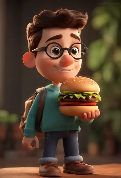 Cartoon character of a boy with black glasses, sorrindo, camisa preta, Holding a Hamburger Animation Character, Caractere estilizado, animation style rendering, 3D estilizado, Arnold Maya render, 3 d render stylized, toon render keyshot, Personagem 3D, Per...