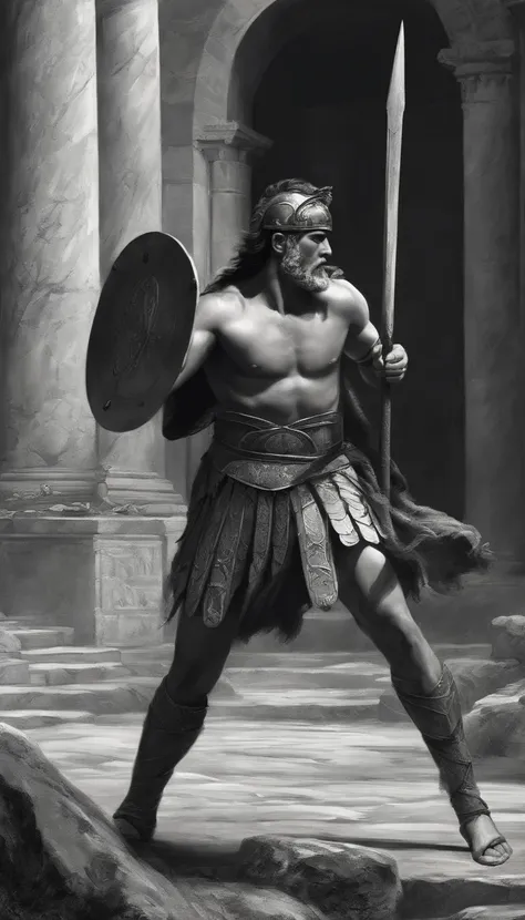 The action of throwing a spear by hand, illustratio, Ancient Romans. In the gladiatorial arena, Bloody angry expression，In the distance are vague castles and distant mountains，Black and white copper engravings，