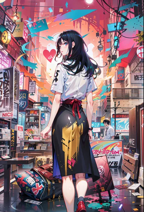 Thick impasto knife palet Painting of an Anime girl with black hair and white shirt standing in front of a city, Fanart Urban Girl, Style anime 4 K, anime art wallpaper 4k, anime art wallpaper 4k, Anime style mixed with Fujifilm, anime art wallpaper 8 k, I...