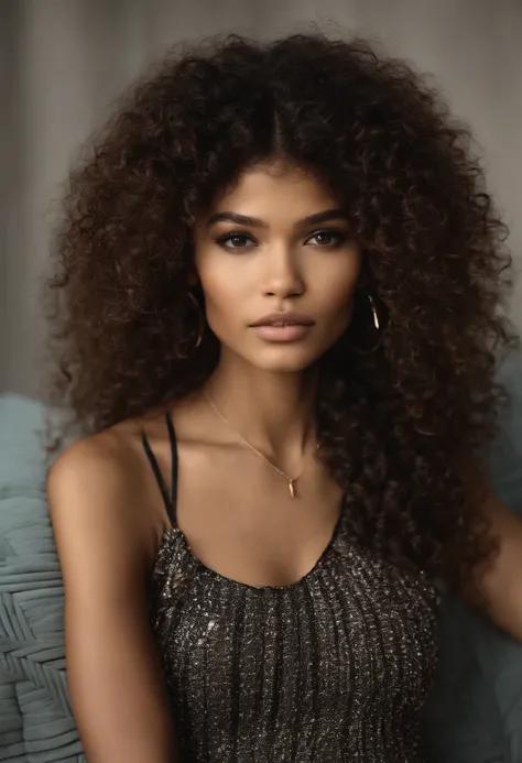 Imagem de uma mulher 20 anos, com o aspecto dos olhos estilo Zendaya, possui cabelos pretos lisos e curtos e com uma franja curta na altura dos olhos, Indigenous appearance, pensativa,