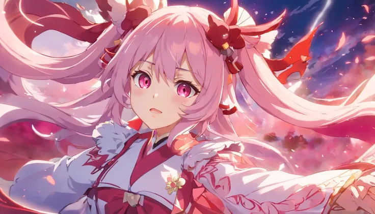 Menina anime com cabelo rosa longo e rosto branco e olhos pretos, Impacto de Ayaka Genshin, artistic render of reimu hakurei, Retrato de Onmyoji, ayaka jogo genshin impact, anime moe artstyle, shalltear bloodfallen, Do videogame Azur Lane, dreamy psychedel...